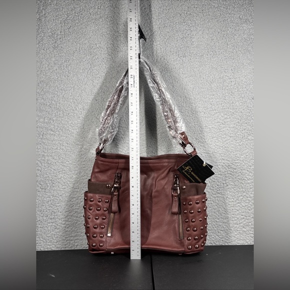 B Makowsky Soft Leather Brown Shoulder/CrossbodyPurse Rosetone Stud Hardware NWT - Picture 10 of 16